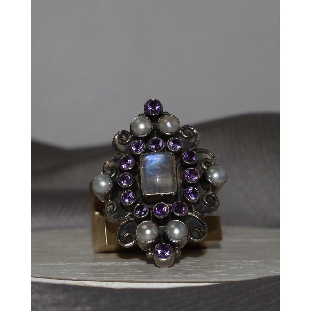 NB Sterling Silver Moonstone, Amethyst & Pearl Ring 10.6G / Sz 7